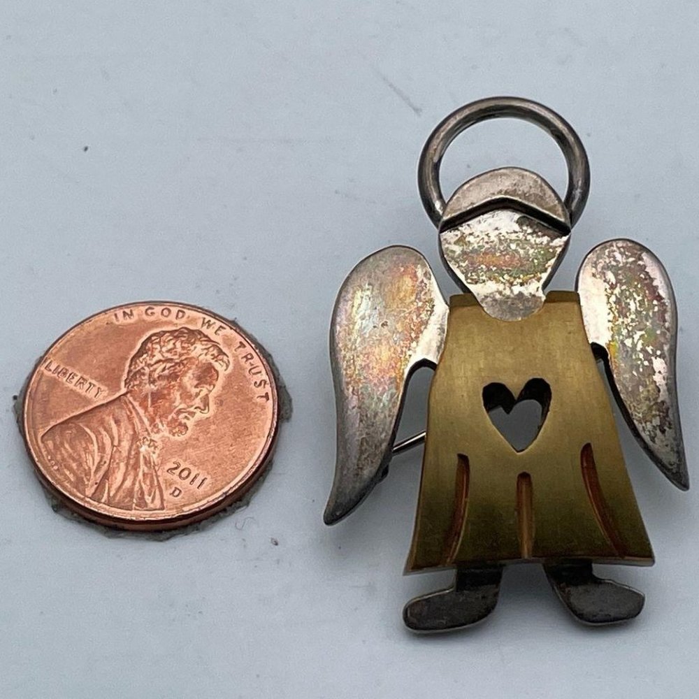 Sterling Steel Silver & Gold Tone Brass Small Angel Brooch With Heart & Halo